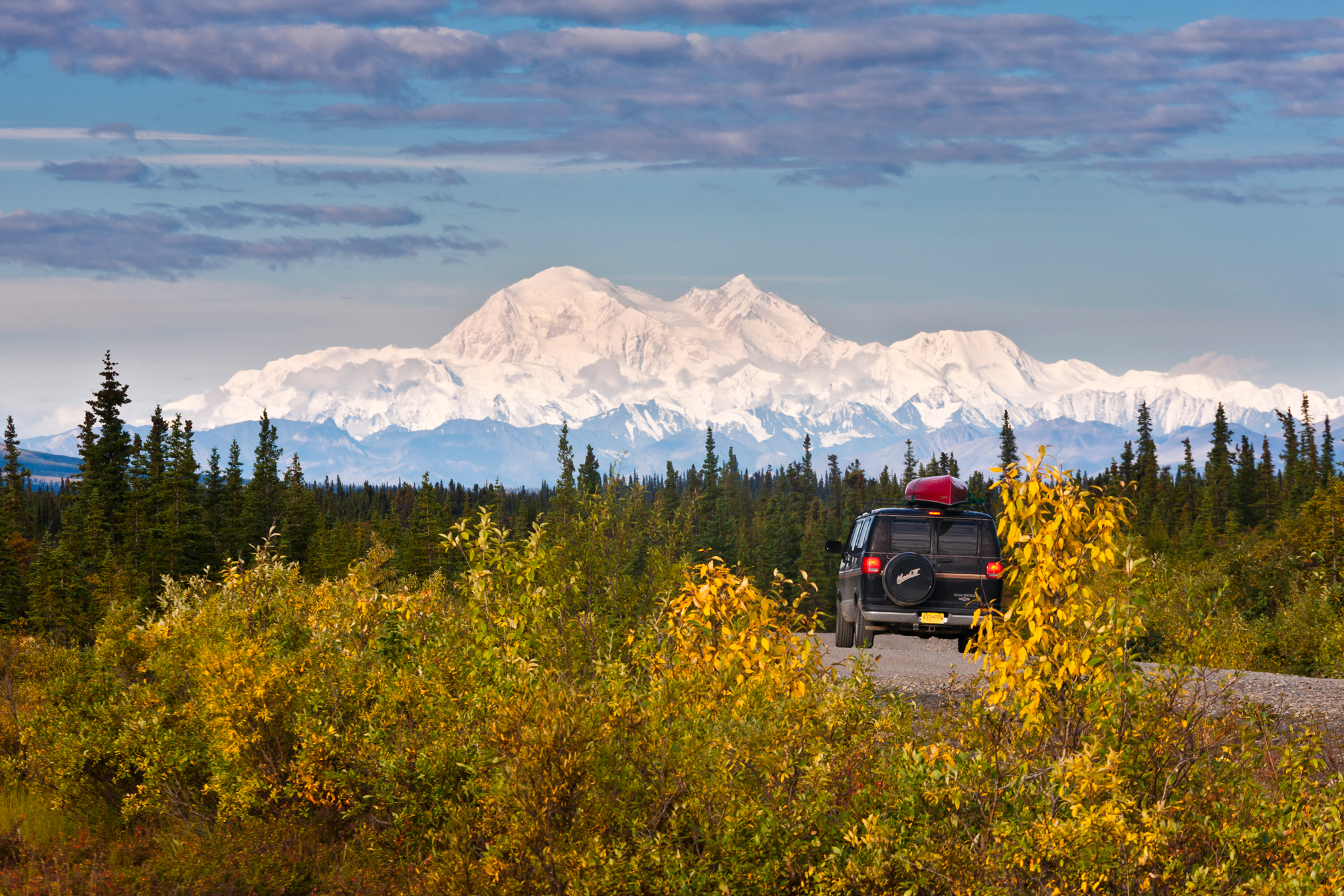 Denali Highway, Interior Alaska, view of east and south face of Mt. McKinley with fall colors near western end close to Cantwell