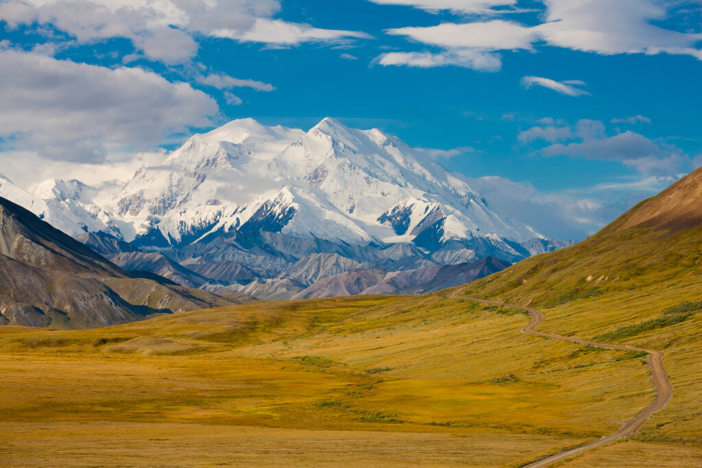 Denali National Park, Alaska, view of Park Road and Mt. McKinley looking west toward Fish Creek, Thorofare Pass and Eielson Visitor Center